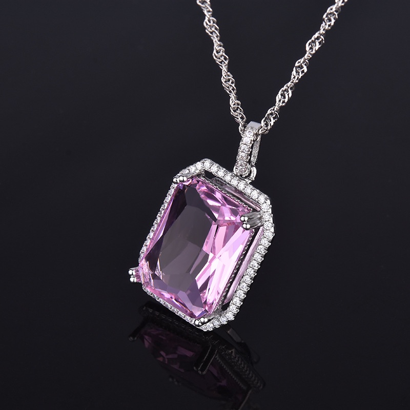 Goldkingdom Fashion Perhiasan Aksesoris Ready Stock Baru High-end Fashion Super Populer Persegi Panjang Pink Zirkon Mewah Kalung Liontin Wanita Versi Korea Rantai Tulang Selangka