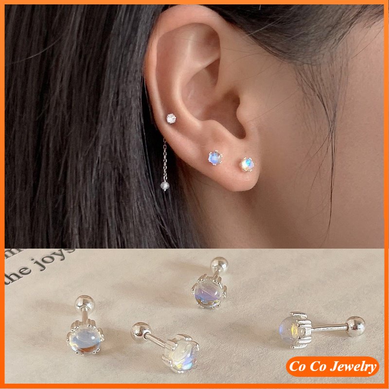 S925 Silver Hypoallergenic Moonstone Screw Earrings for Women