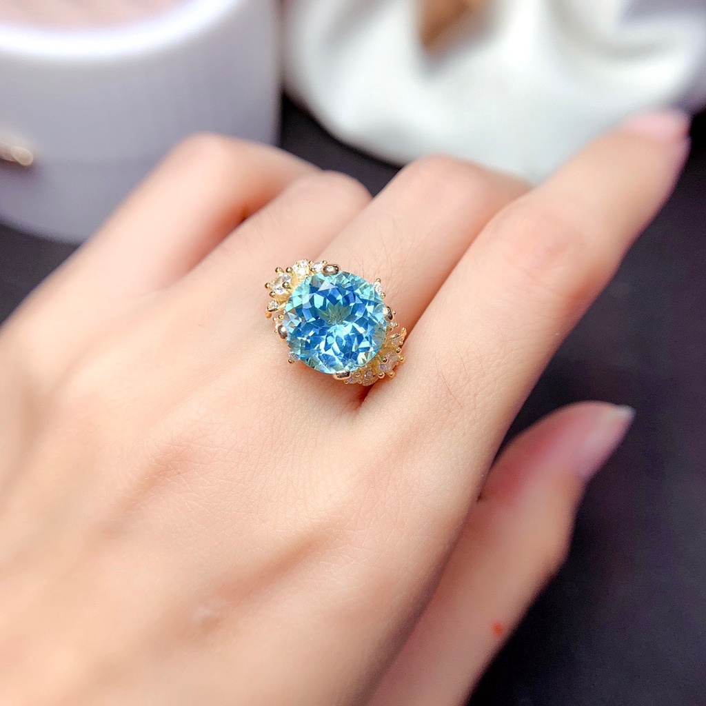 Goldkingdom Fashion Perhiasan Aksesoris Ready Stock Desain Kecil Batu Topaz Biru Cincin Fashion Wanita Berlapis Emas Asli Kadar 375 18k Bertatahkan Langit Safir Terbuka Caibao Cincin