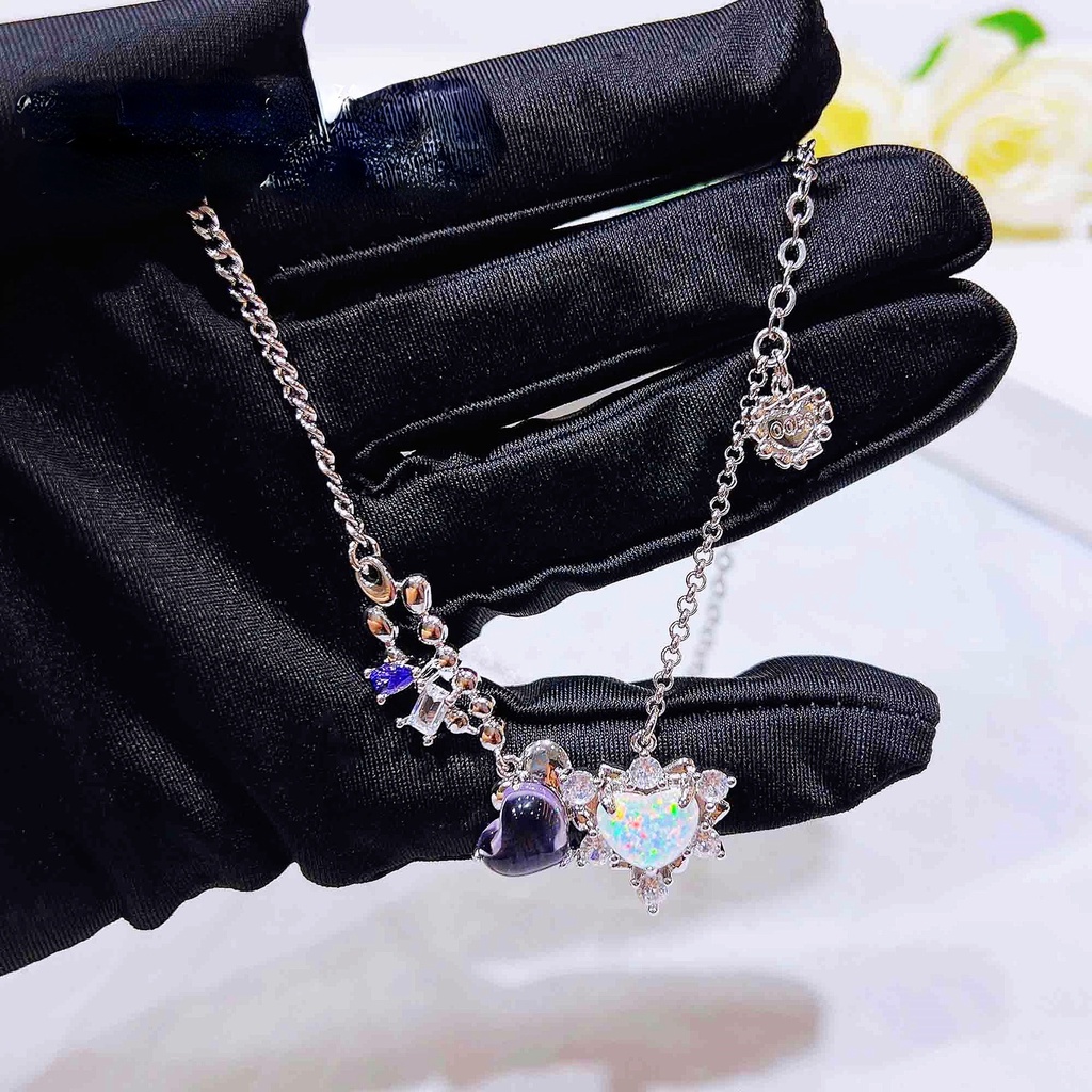 Goldkingdom Fashion Perhiasan Aksesoris Ready Stock Opal Zirkon Jantung Kalung Gadis Indah Angin Dingin Niche Desainer Berlian Ungu Hati Kalung Opal Liontin.