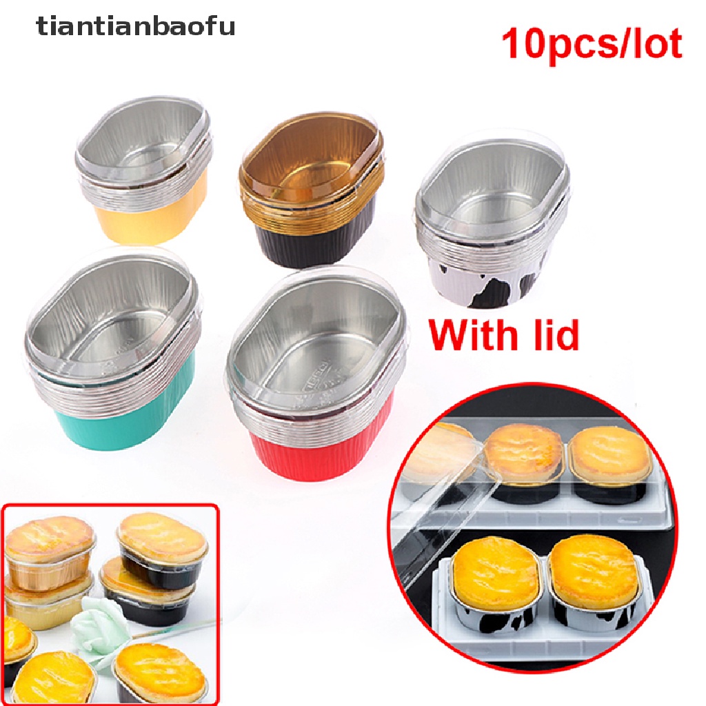 [tiantianbaofu] 10pcs Aluminium Foil Baking Cup Tahan Panas Kue Cups Cetakan Dengan Tutup Cupcake Boutique