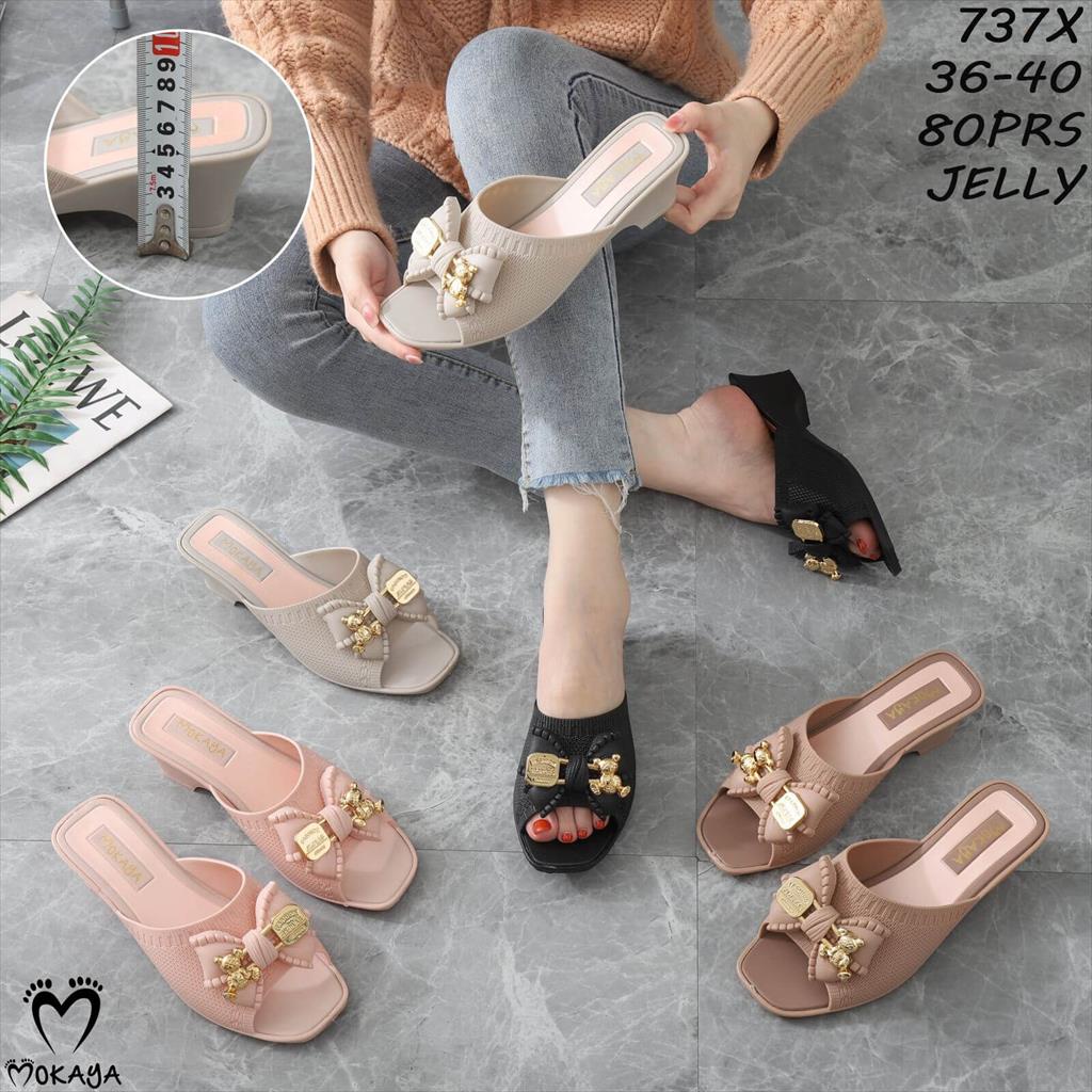 Sandal Slop Wedges Wanita Pita Besar Permata Bear Gold Super Cantik Trendy Import Mokaya / Size 36-40 (737X)