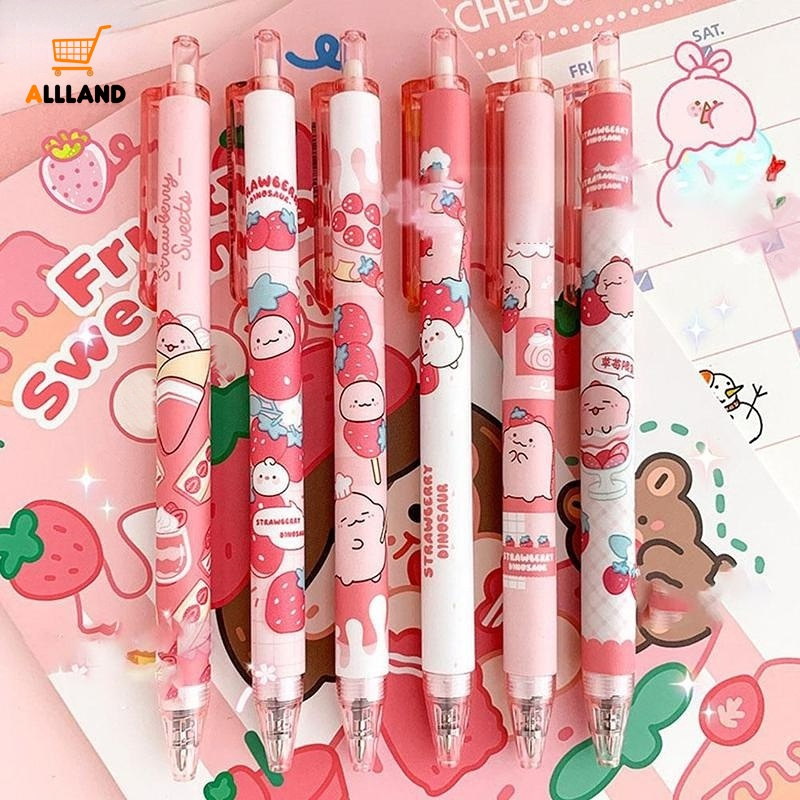 Kartun Strawberry Dinosaurus Press Pen/Kawaii 0.5mm Tinta Hitam Gel Pulpen/Alat Tulis Kantor Sekolah Pena Netral Persediaan