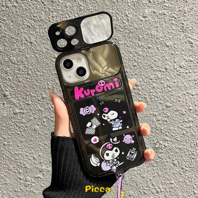 IPHONE Kreatif Flip Make Up Cermin Kartun Indah Kuromi Silicon Phone Case Kompatibel Untuk Iphone11Xr 12 13 14 Pro MAX 7 8 14 Plus X XS MAX SE Lucu Lembut TPU Shockproof Case