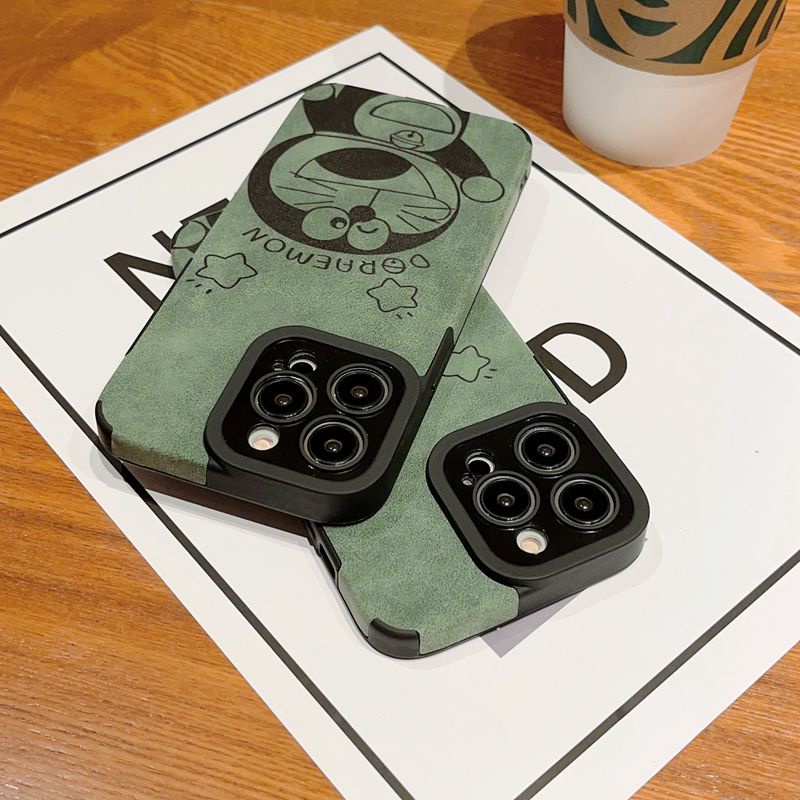 Green Leather Soft Case for IPhone 7 Plus 8 Plus X XS XR XS Max 11 13 12 14 PRO Max 14 Plus SE 2020 2022 Cute Star Green Cute Doraemon Cat