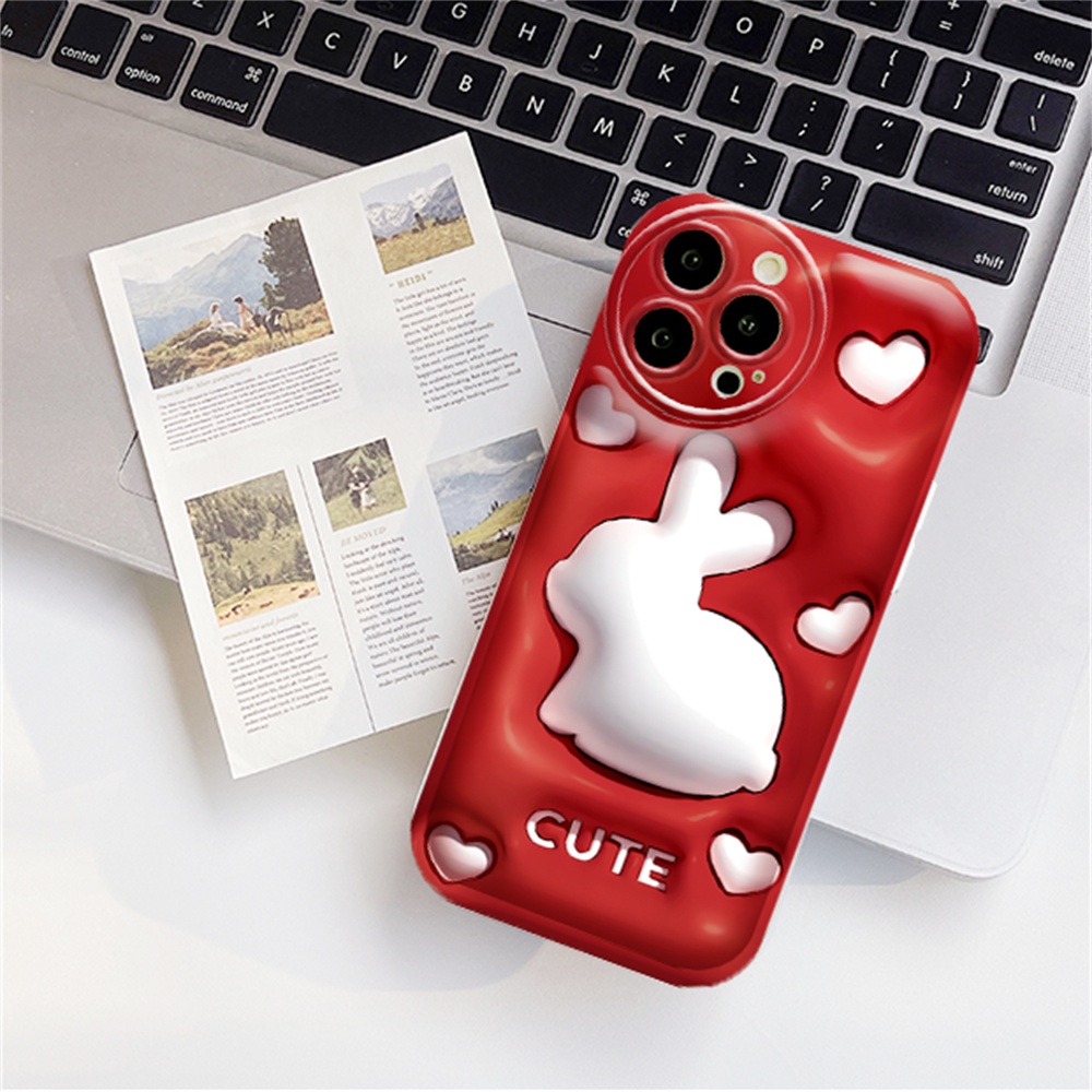 Rabbit Cute Case OPPO A57 A16 A16K A17 A5S A12 A3S A12E A92 A52 F1S A53 A33 A31 A9 A5 A15 A15S A54 F9 C1 Red Series Bantal Udara TPU Phone Cover