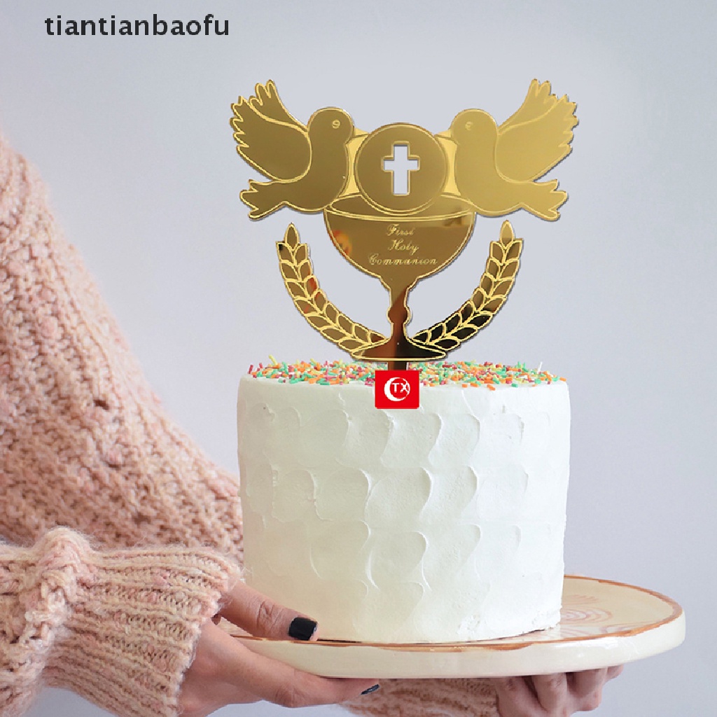 [tiantianbaofu] 1pc Baptis Cake Topper Merpati IHS Ekaristi Golden Silver Dekorasi Kue Butik