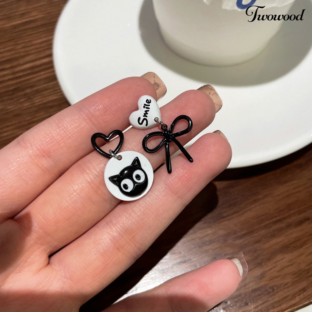 Twowood 1pasang Drop Earrings Desain Kartun Liontin Tidak Teratur Hypoallergenic Ultra-light Ear Ornament Aksesori Kitten Bow Stud Earrings Untuk Tanggal