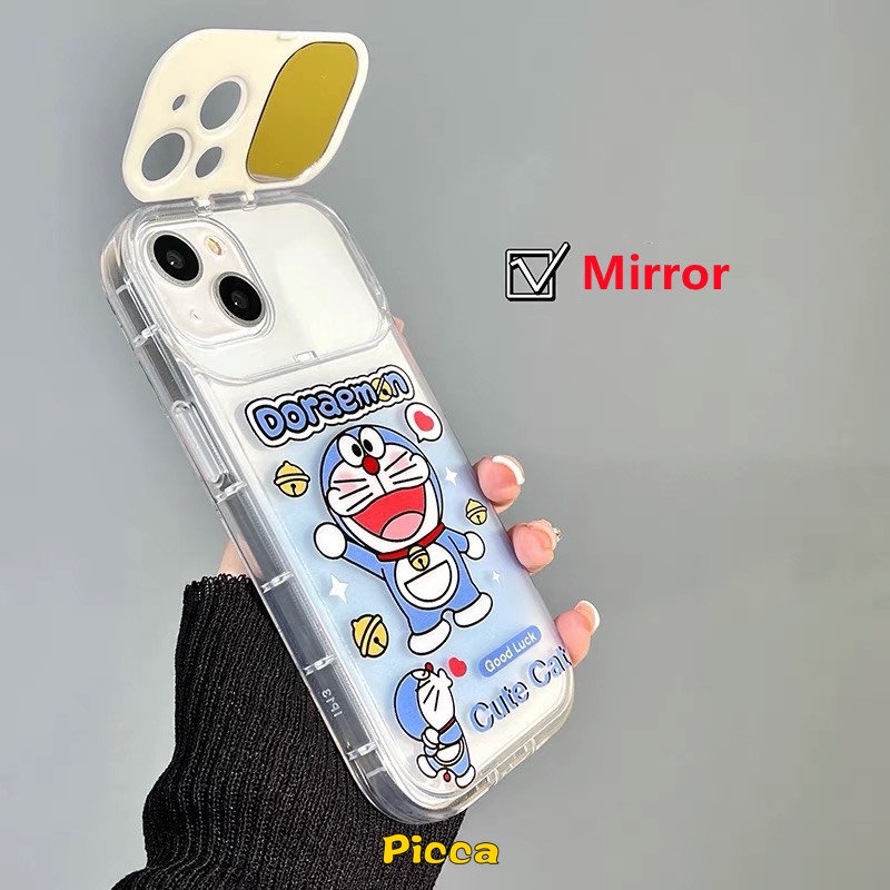 IPHONE Cover Ponsel Doraemon Kucing Kartun Lucu Kompatibel Untuk Iphone7 8 14 Plus11 13 12 14 Pro MAX XR X XS MAX SE 2020 Flip Make Up Mirror Case Shockproof Soft TPU Casing