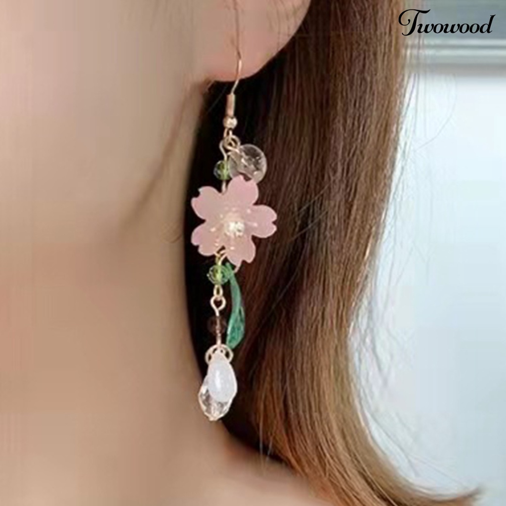 Twowood 1pasang Ladies Earrings Unik Chic Semua Pertandingan Panjang Elegan Hias Logam Bunga Sakura Menjuntai Anting Hadiah