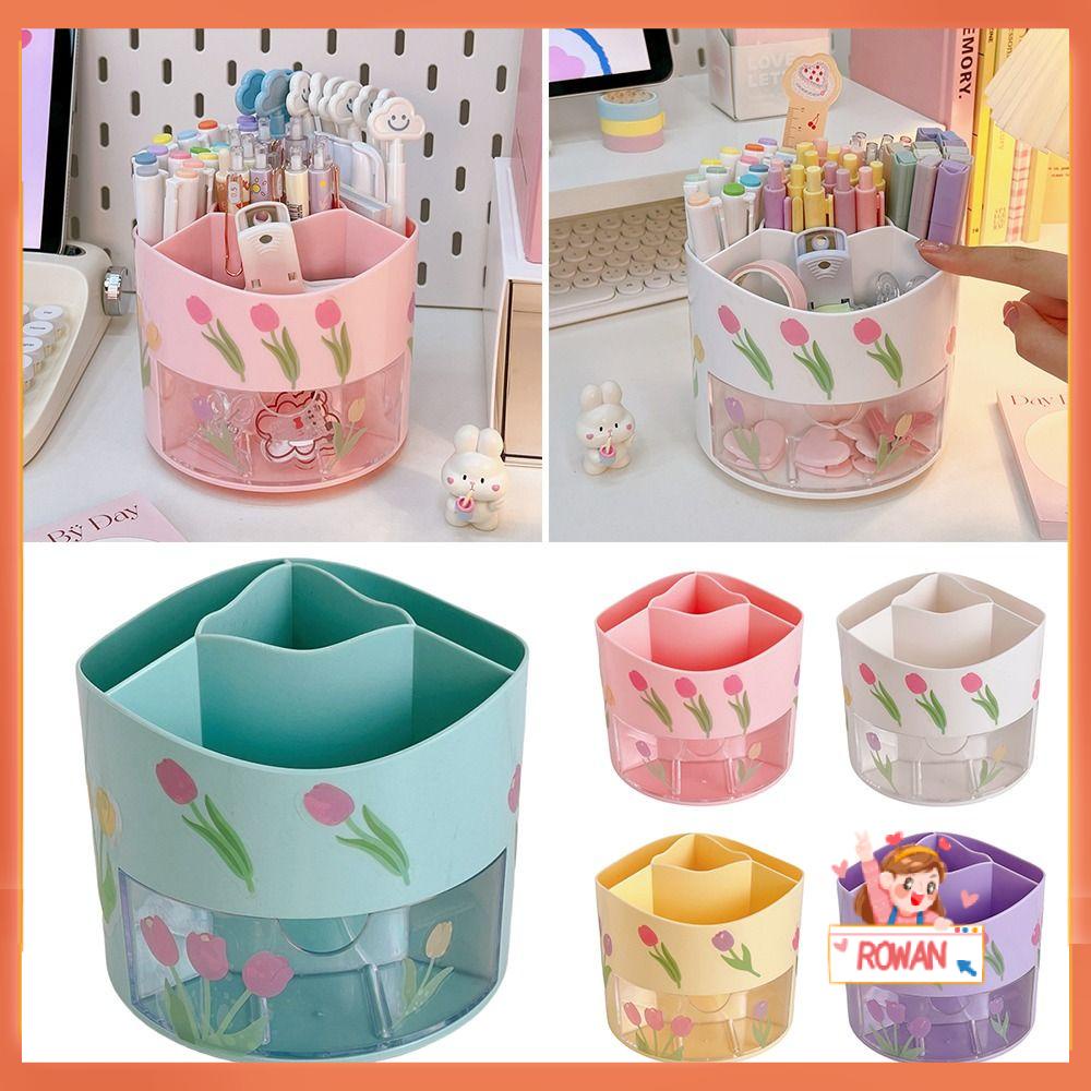 R-FLOWER Pen Holder School Office Supplies Pencil Box 5 Grid 360 Degree Rotating Desktop Organizer