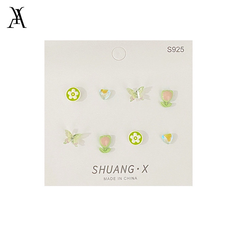 AY(CN) Anting Stud S925 Bentuk Kupu-Kupu Hati Bunga Bahan Resin Gaya Korea Untuk Wanita