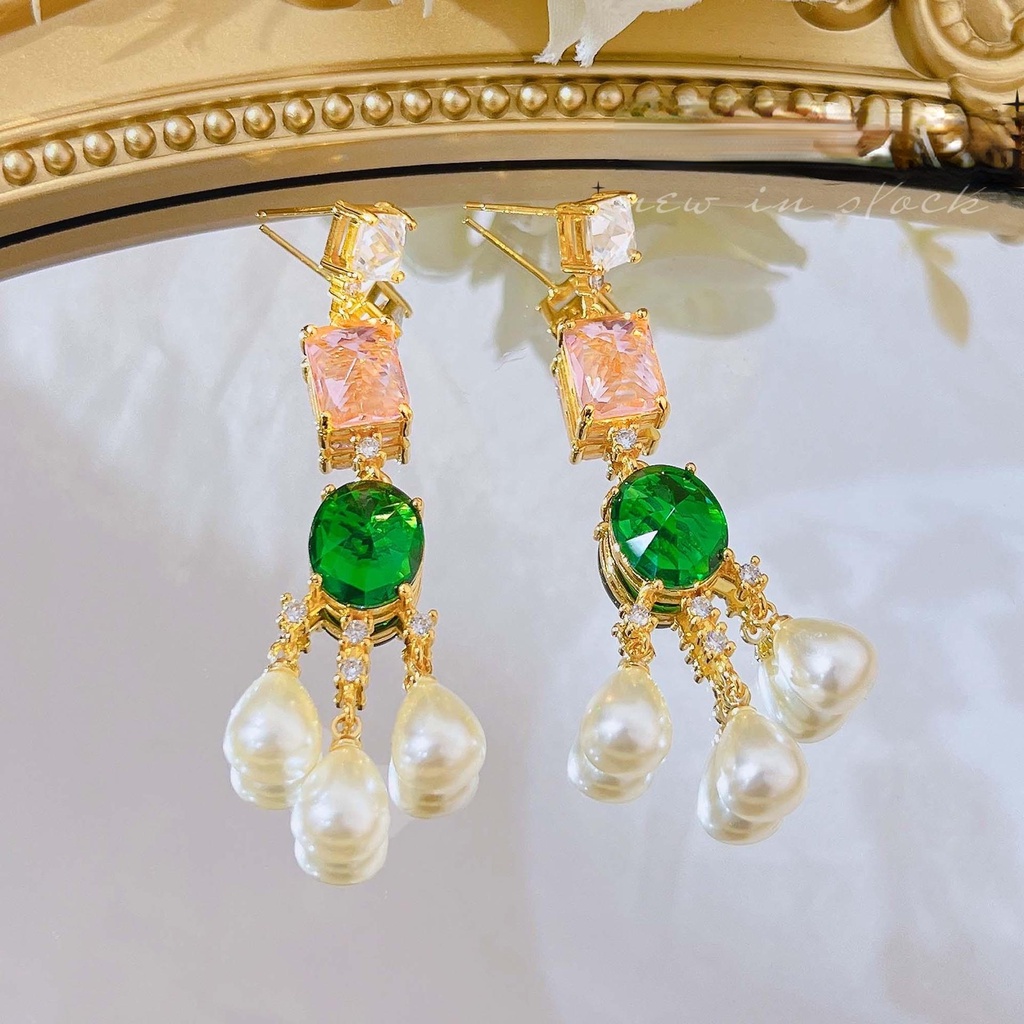 Goldkingdom Aksesoris Perhiasan Fashion Ready Stock French Vintage Streaming Warna-Warni Anting Mutiara Imitasi Berlian Hijau Harta Karun Warna-Warni Anting Panjang Perempuan