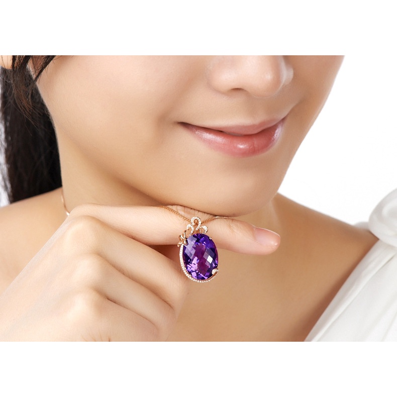 Goldkingdom Fashion Perhiasan Aksesoris Ready Stock Karat Amethyst Sintetis Set Liontin Dengan Batu Permata Berwarna Kalung Wanita Lapis Emas Asli Kadar 375 18K Amethyst Necklace