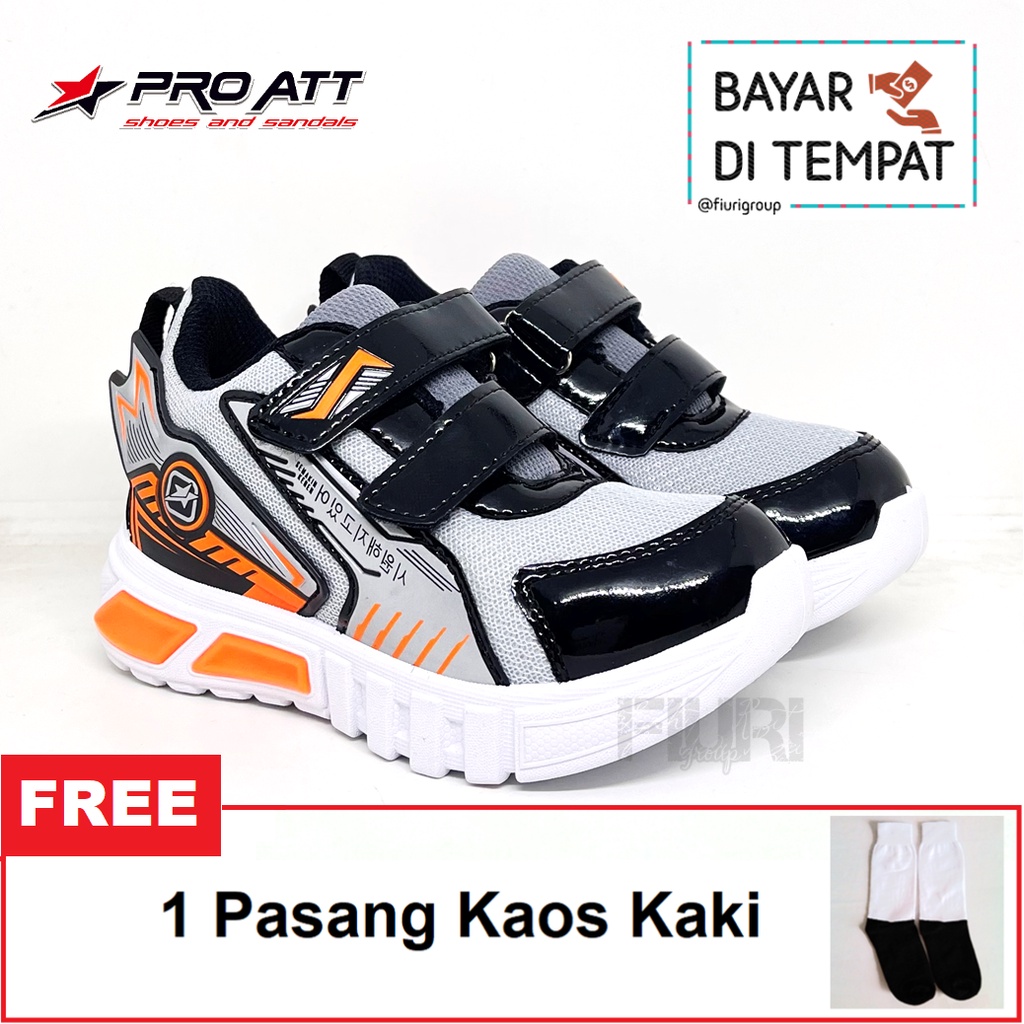 FIURI - PRO ATT - KSA 075 PEREKAT 28-33 ABU ORANYE - Sepatu Kets Anak Perempuan Laki-Laki -Sepatu Sneakers Anak - Sepatu Olahraga Sport Anak Balita Cewek Cowok - Sepatu Casual Perekat Anak Kecil - Sepatu Sekolah Hitam Anak PAUD TK SD Murah