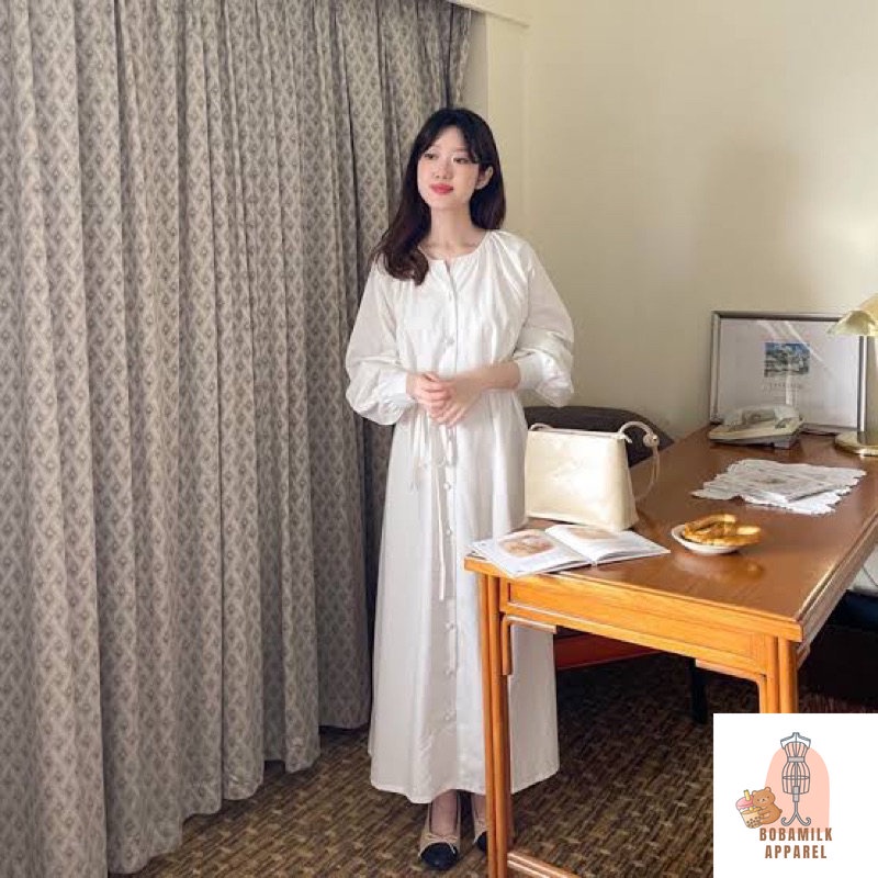 Its Ninette Basic Brown Beige Long Sleeve Baju Lebaran Idul Fitri Maxi Long Button Vintage Dress Pre