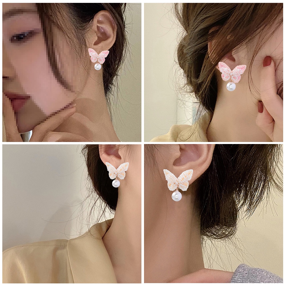 Wanita Studs Earrings Butterfly Pearl Hoop Earrings Untuk Perempuan Pink Imitasi Pearl Earring Perhiasan Hadiah Aksesoris Earing