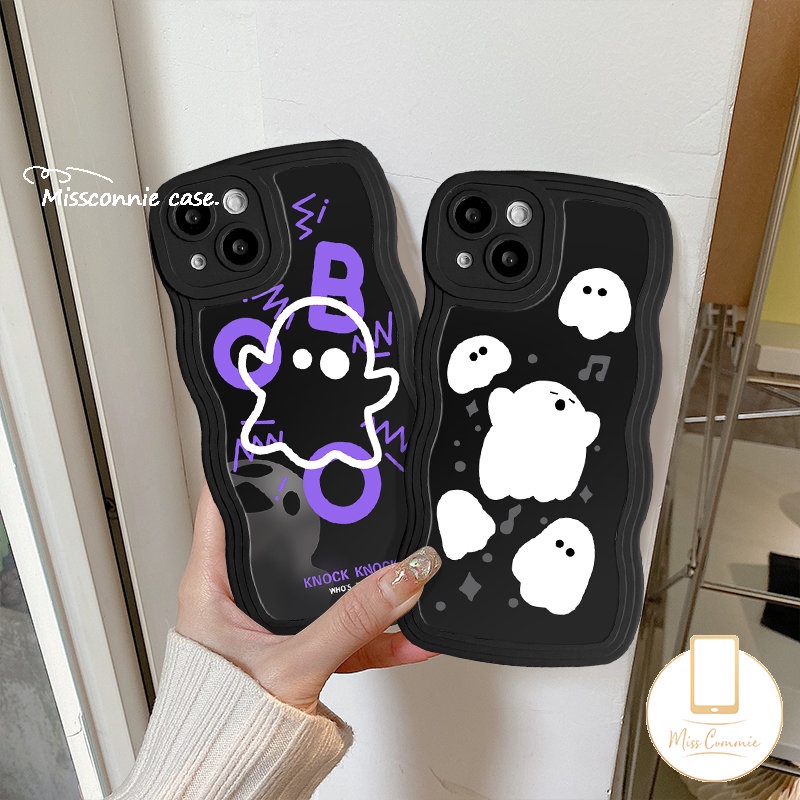 Casing Tepi Bergelombang Kompatibel Untuk iPhone 7Plus 11 Pro Max XR X XS Max 6s 7 8 6 14 Plus 13 11 12 14 Pro Max SE 2020 Kreatif Hantu Lucu Hitam Lembut Tpu Penutup Belakang