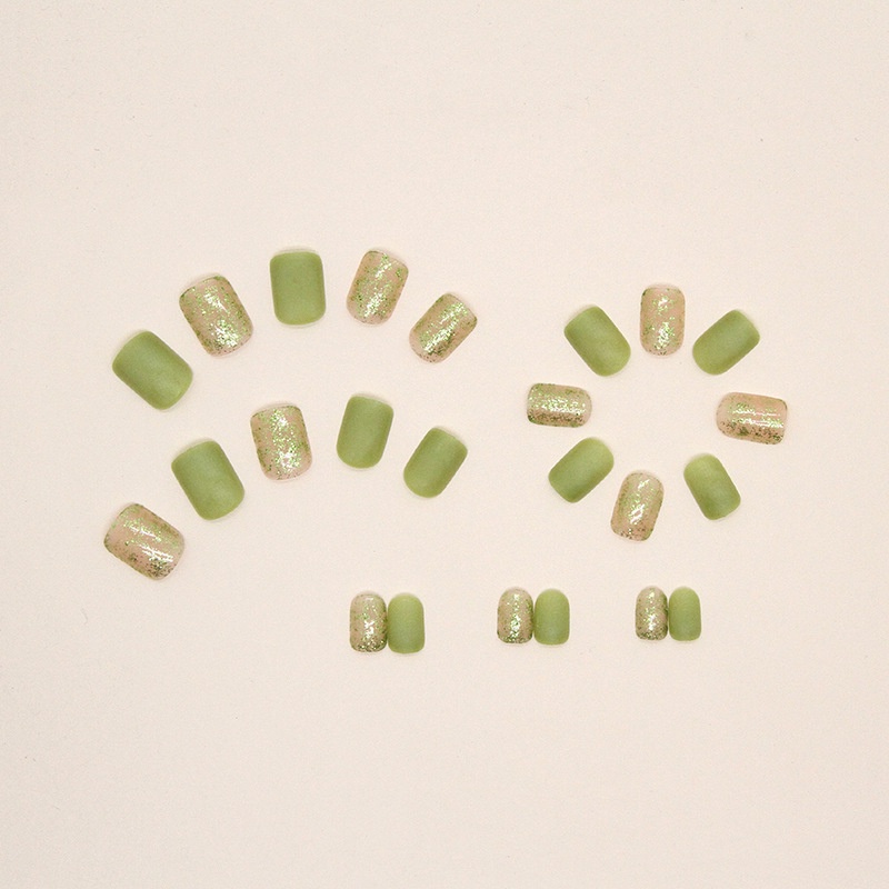 New Spring Matte Green Shiny Shards Fake Nails Paku Palsu Persegi Isi 24pcs/box R742