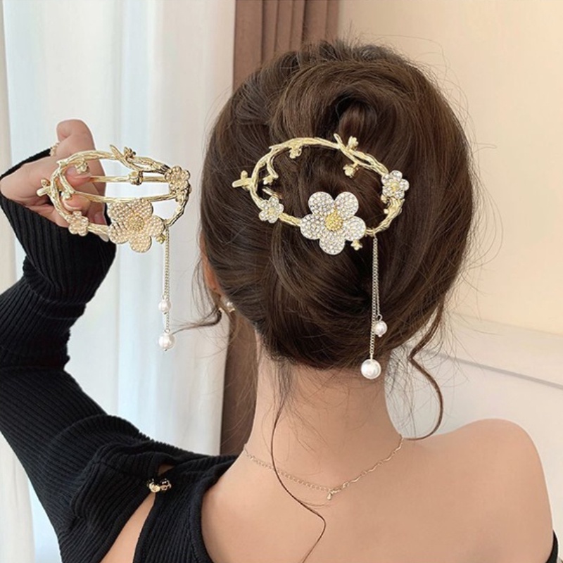 Fashion Kristal Bunga Mutiara Liontin Canggih Kembali Kepala Piring Rambut Klip/Tahan Lama Rumbai Kodok Jepit Rambut Hiasan Kepala Aksesoris Rambut