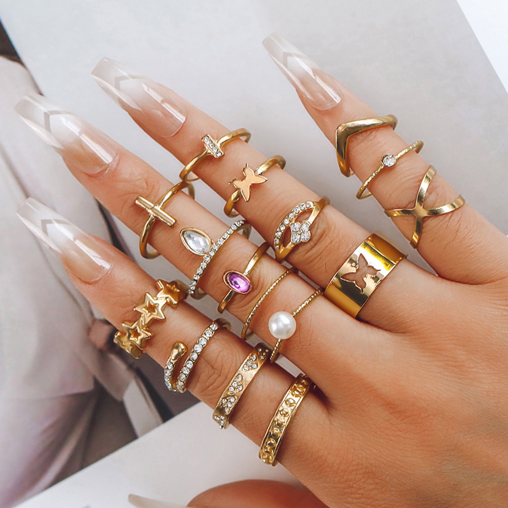 Boho Fashion Bersinar Berlian Imitasi Bertatahkan Cincin Set Untuk Wanita Berongga Bintang Kupu-Kupu Sederhana Salib Geometri Cincin Perhiasan