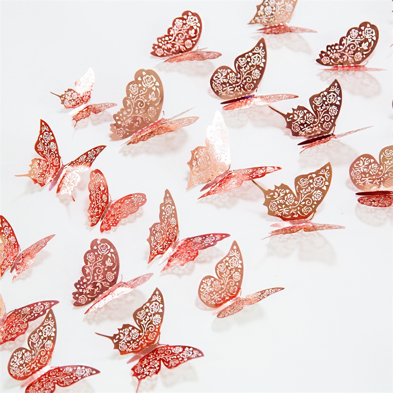 12pcs Kue Roti Dekorasi Kertas Kupu-Kupu Rosegold 3D Butterfly Stiker Removable Efek Cermin Wallpaper Glittering Party Art DIY Decals Pintu Jendela Kulkas Dekorasi