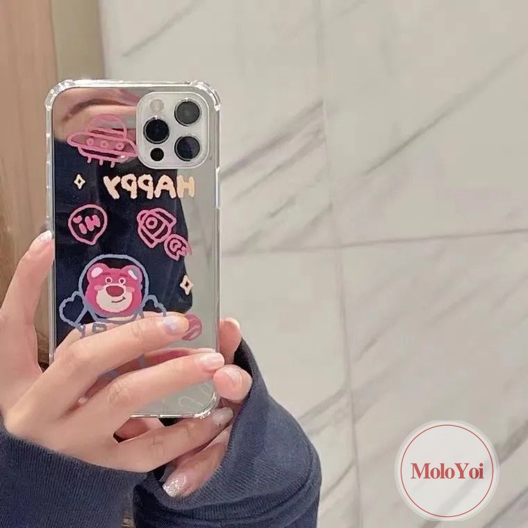 IPHONE Kartun Astronot Manyo Make Up Cermin Ponsel Case Kompatibel Untuk Iphone11 13 12 Pro MAX XR 7plus 78 Plus X XS MAX SE 2020 Beruang Strawberry Lucu Shockproof Soft Cover