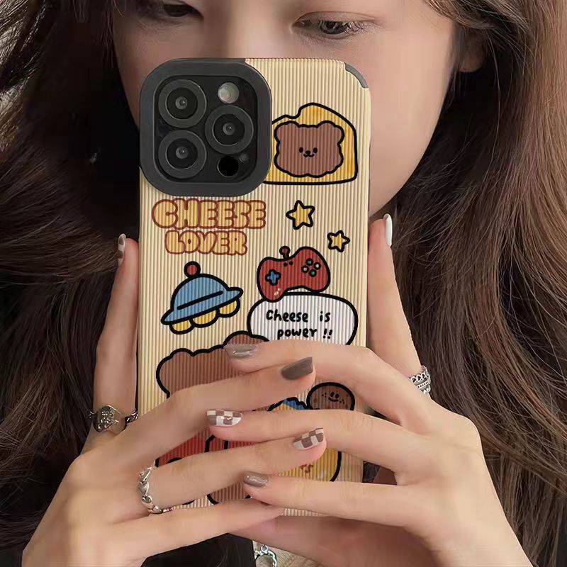 【Lamb Skin】Cute Cheese Lover Bear Soft Case for IPhone 6S 7 Plus 8 Plus X XS XR XS Max 11 13 12 14 PRO Max 14 Plus 12 13 Mini Camera Protect Women's Cartoon