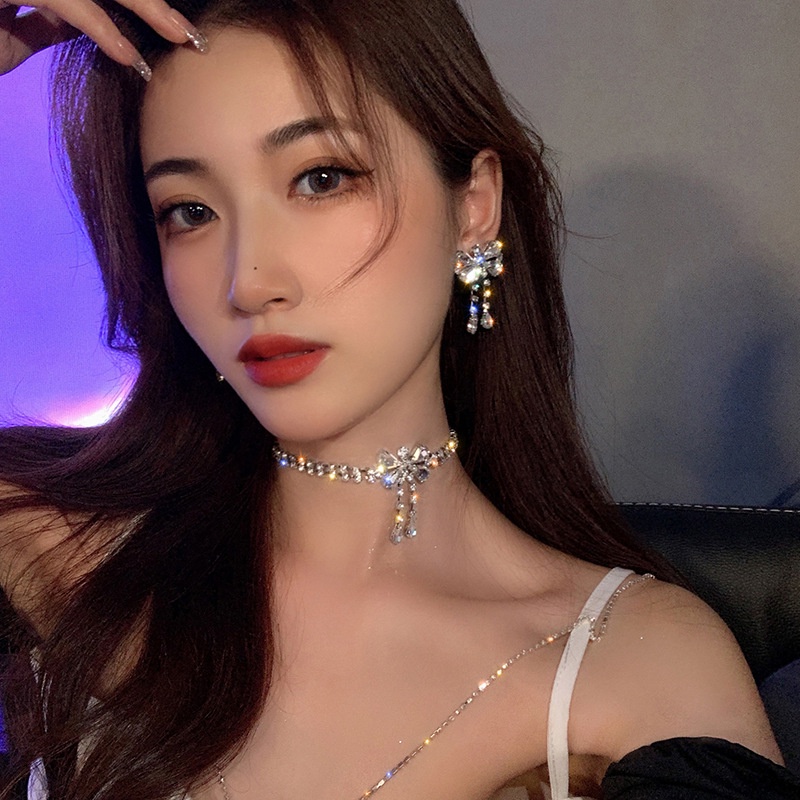 Bow Kalung Kristal Klavikula Rantai Silver Choker Untuk Aksesoris Perhiasan Wanita