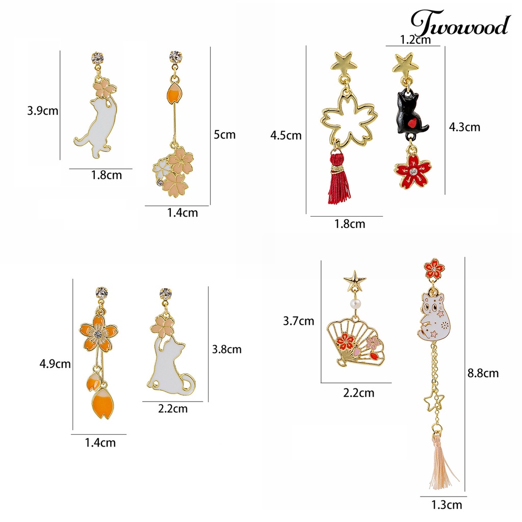 Twowood 1pasang Drop Earrings Kartun Asimetris Electroplating Liontin High Gloss Hiasan Telinga Tahan Luntur Fashion Wanita Anak Bunga Telinga Kucing Studs Untuk Pakaian Sehari-Hari