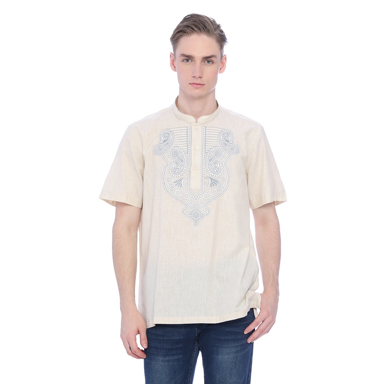 Baju Koko Linen Border Pria Lengan Pendek Al-Karim Beige 54292 By Hassenda