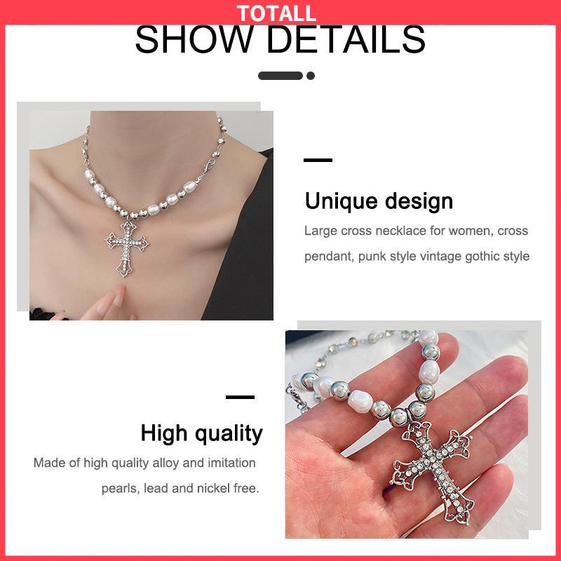 COD Kalung Alloy Vintage Pearl Cross Pendant Punk Sweter Serbaguna Wanita-Totall