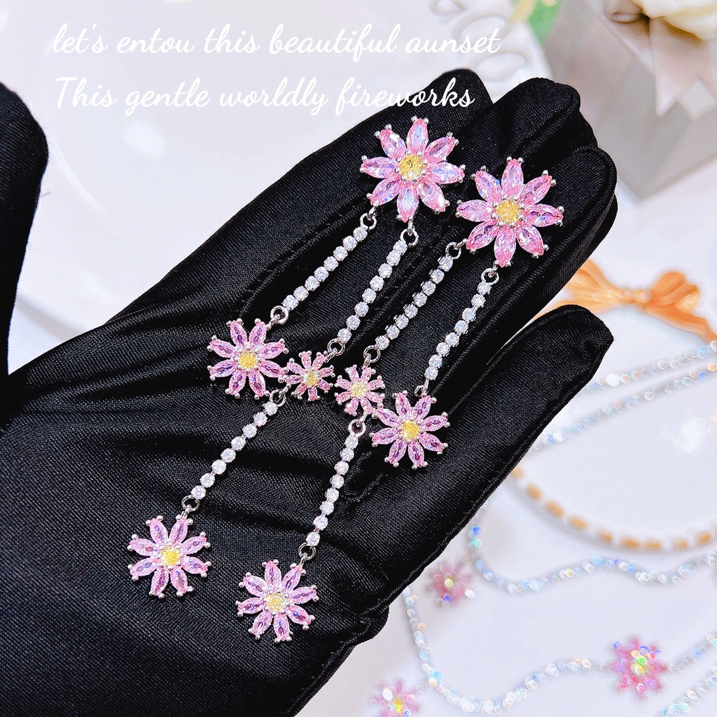 Goldkingdom Fashion Perhiasan Aksesoris Ready Stock Desainer Merah Muda Daisy Berpohon Anting, Anting, Industri Berat, High-end Multi-Layer Kalung, Es Peri Dongeng Set