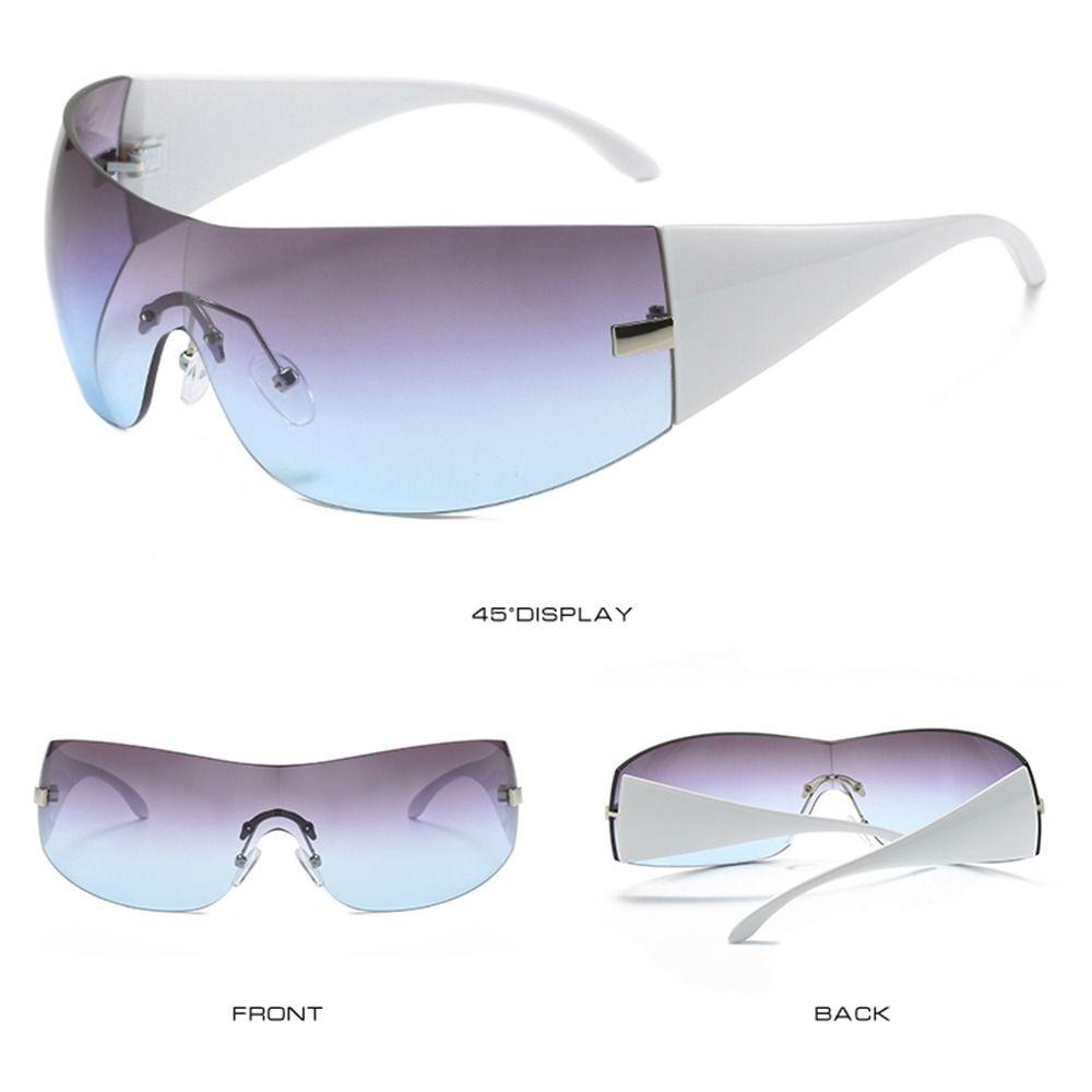 R-flower Y2K Kacamata Hitam Wanita &amp; Pria Futuristik One Piece Shades Rimless