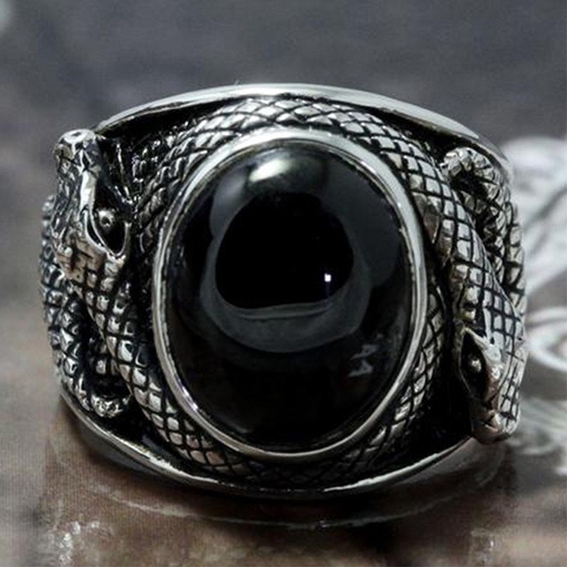 Punk Cincin Batu Permata Hitam Untuk Pria Perhiasan Vintage Kuno Warna Perak Salib Ular Diukir Logam Oval Zirkon Jari Cincin Hadiah