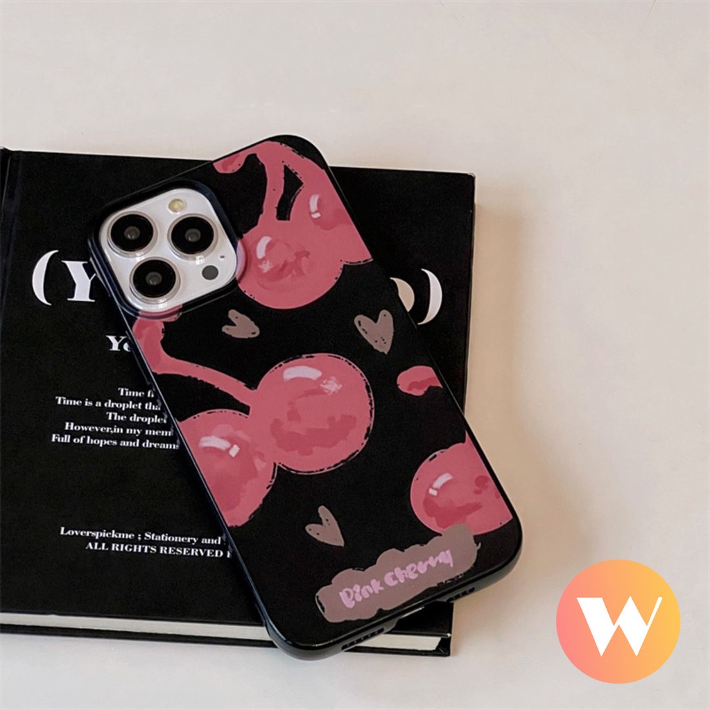 Kartun Pink Cherry Halus Casing Ponsel Kompatibel Untuk IPhone 7plus XR 11 13 14 12 Pro Max X XS Max7 8 Plus SE 2020 Lucu Cinta Hati Smiley Shockproof Glossy Keren Hitam Soft Cover