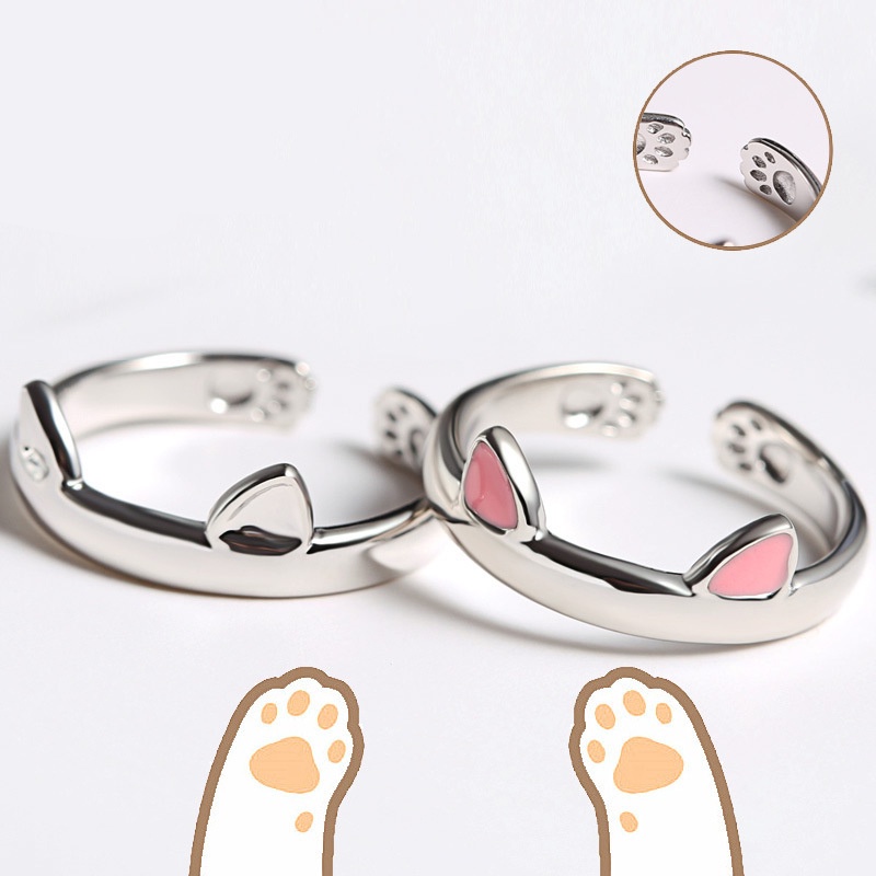 Minimalis Lucu Kitty Telinga Kucing Cakar Cincin Pesta Ulang Tahun Festival Hadiah Kreatif Mode Cat Paw Adjustable Open Finger Ring Cincin Pasangan Pernikahan Sederhana Pria Wanita