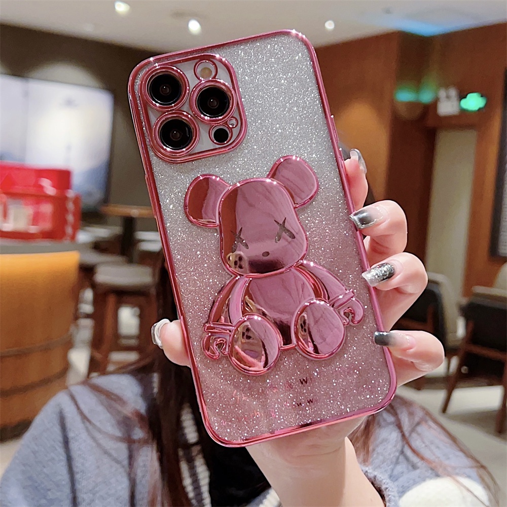 IPHONE Casing Kartun Beruang Glitter Warna Pink Untuk Iphone14 13 12 11 Pro Max X Xr Xs 8 7 Plus SE 2 Gradien Bling Plating Lembut Shockproof Cover