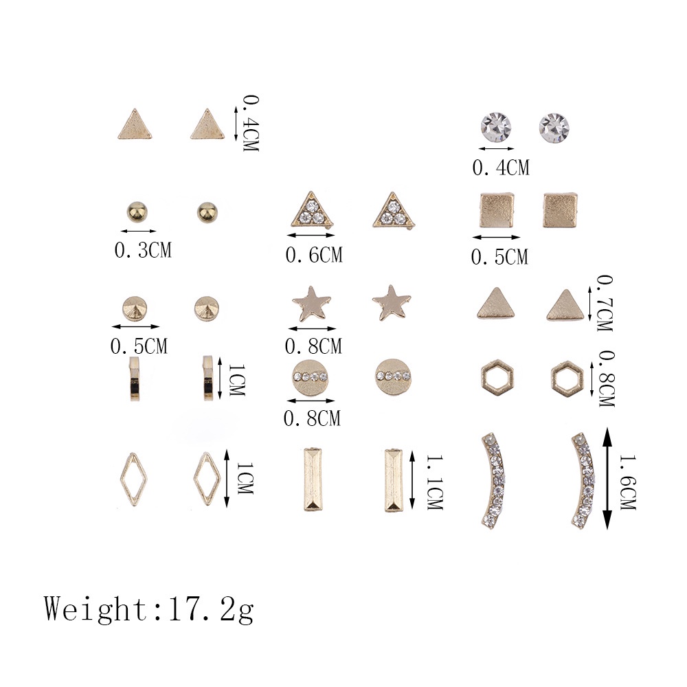 Tren Fashion Kepribadian Sederhana Persegi Berujung Lima Bintang Anting Geometris Dengan Berlian Segitiga Kepribadian 14-piece Earring Set