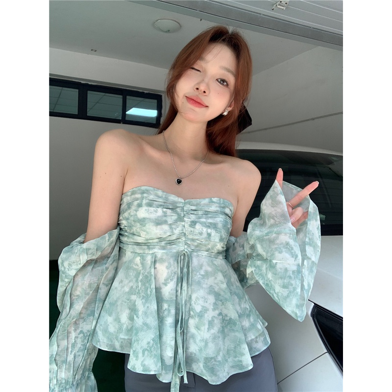 Red Keinginan Murni Menggantung Leher One-Shoulder Bunga Chiffon Kemeja Wanita Musim Panas Gaya Perancis Slim Top Lengan Panjang Seksi off-Shoulder Kemeja