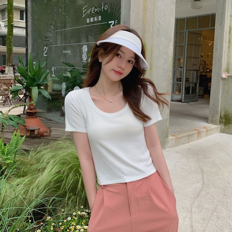 Red Keinginan murni angin U-leher lengan pendek t-shirt wanita musim panas self-budidaya all-match warna solid gaya bm pendek gadis panas manis top in pasang
