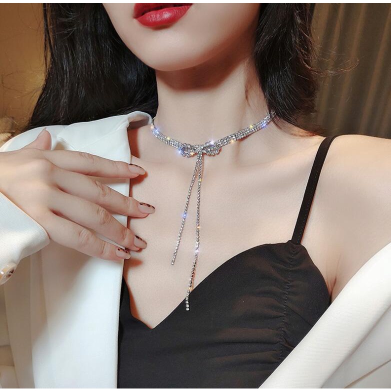 Kalung Rumbai Busur Berkilau Choker Rantai Silver Klavikula Kristal Untuk Aksesoris Perhiasan Wanita