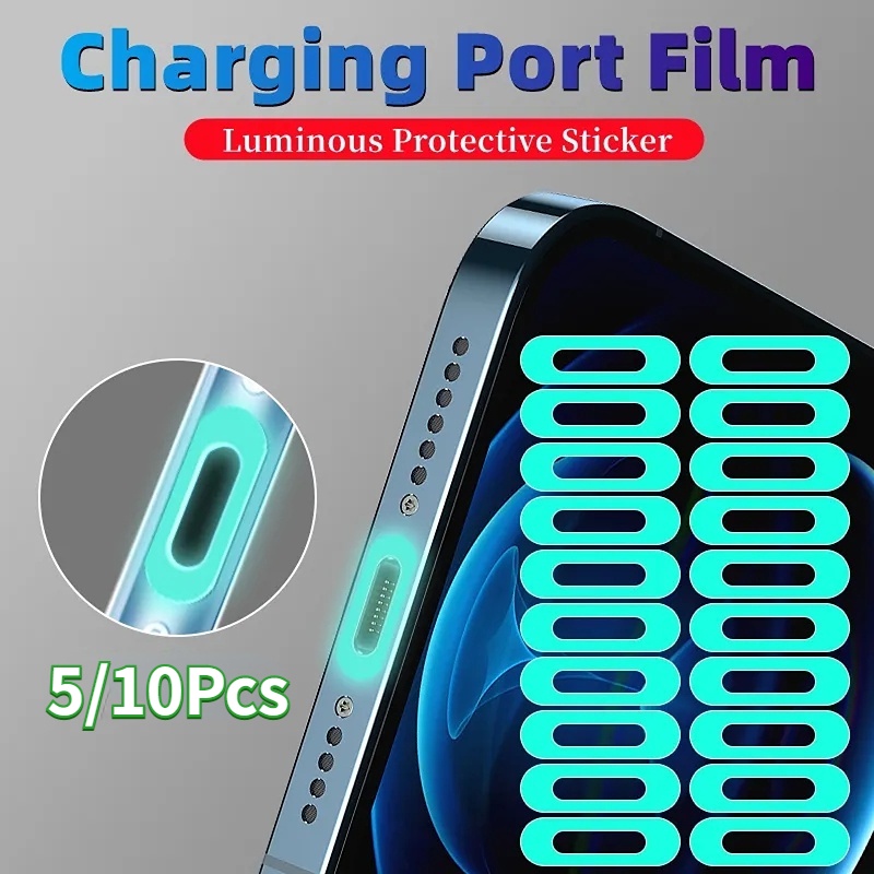 [Unggulan] 5/10pcs Film Perlindungan Konektor Tipe-C Tak Terlihat Port Pengisian Ponsel Luminous Film Film Bezel Anti Gores Kompatibel Dengan Port IPhone, Tipe-C Dan USB