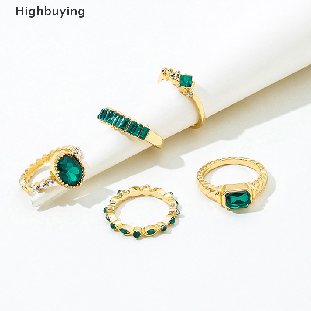 Hbid 5 Pcs Hijau Kristal Cincin Set Untuk Wanita Geometris Hias Berlian Vintage Rings Set Geometris Lady Perhiasan Hadiah Glory