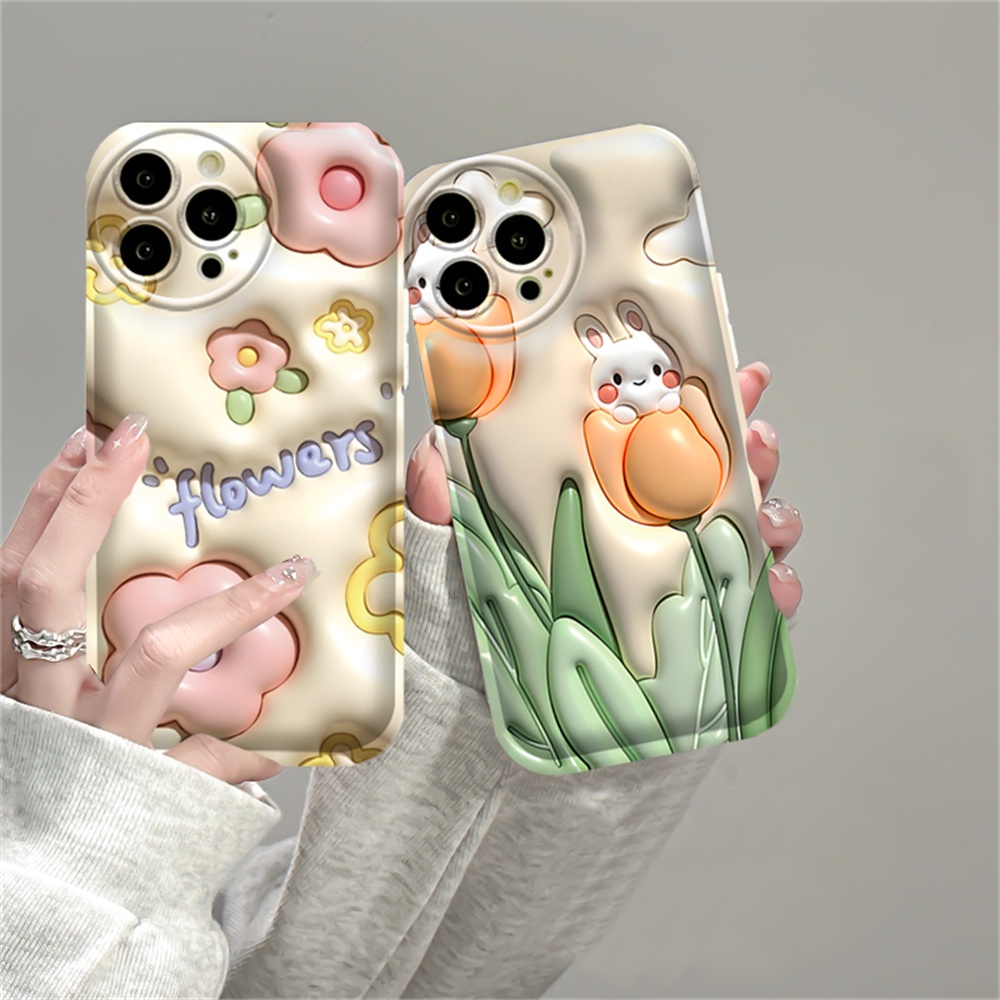 Case Bunga OPPO A17 A57 A16 A16K A5S A12 A3S A12E A92 A52 F1S A53 A33 A31 A9 A5 A15 A15S A54 F9 C1 Tulip Rabbit Air Cushion TPU Phone Cover