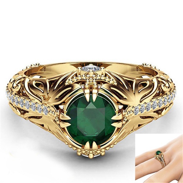 Goldkingdom Fashion Perhiasan Aksesoris Ready Stock Baru Zamrud Berlapis Emas 14 K Cincin Pertunangan Berlian Eropa Mewah