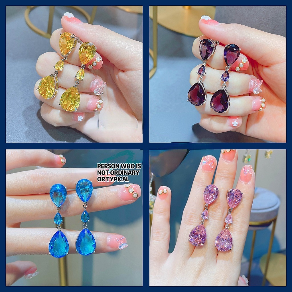 Goldkingdom Fashion Perhiasan Aksesoris Ready Stock Niche Desain Mosang Berlian Drop Anting-Anting Perempuan Warna Berlian Anting-Anting Seri Multicolor Anting-Anting