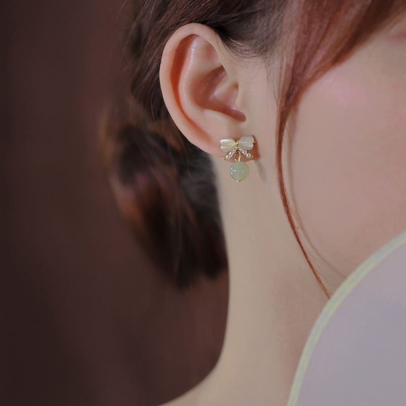Mata Kucing Batu Batu Belajar Perempuan Musim Semi Dan Musim Panas INS Hijau Manis Tempered Bow Earrings2023Baru