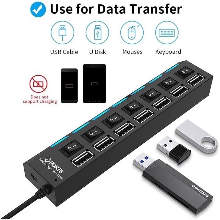 USB Hub 7 Port Output Switch On LED 2.0 PC Laptop USB Slot Extension