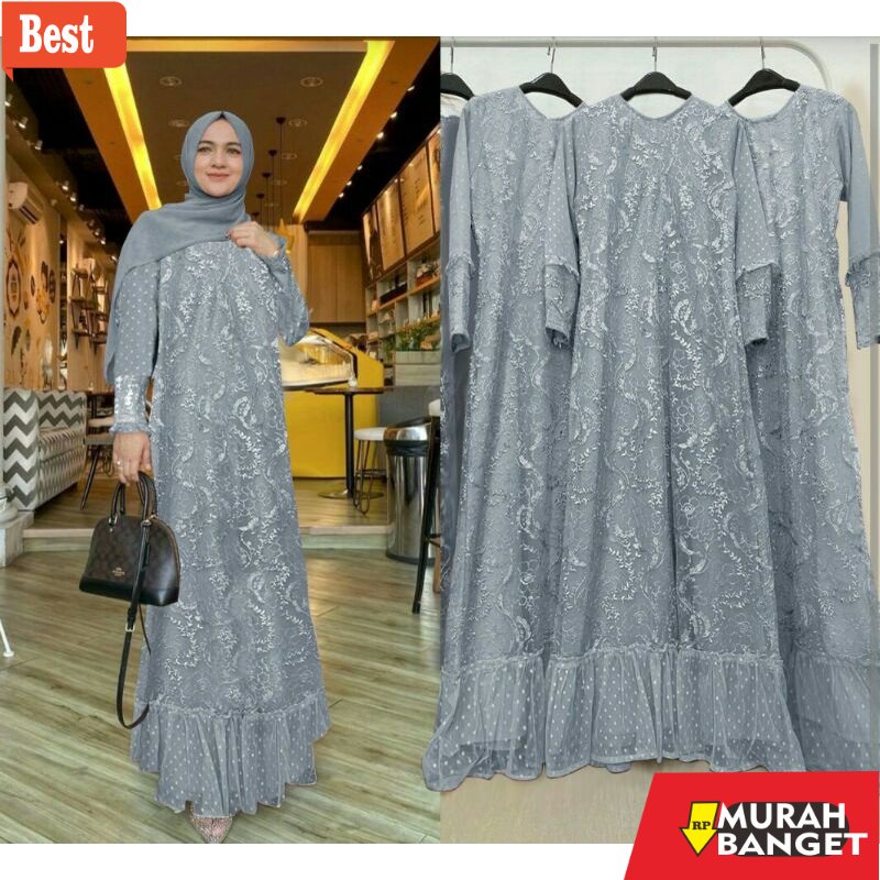 Tren baju lebaran wanita 2023- ISG√Gamis Humaira brokat tile mutiara M-L-XL-XXL JUMBO / Gamis wanita